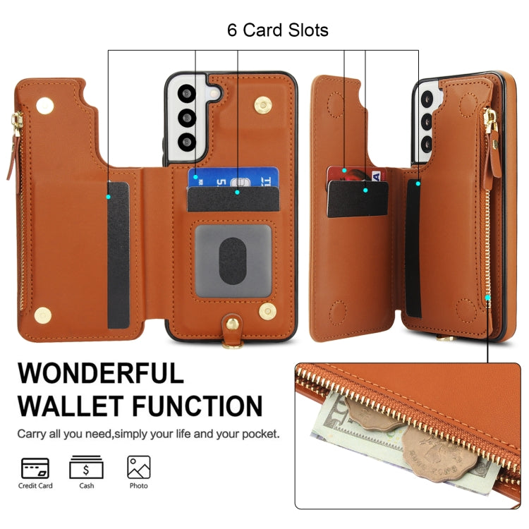 For Samsung Galaxy S22 5G Double Flap Zipper RFID Leather Phone Case with Short Lanyard