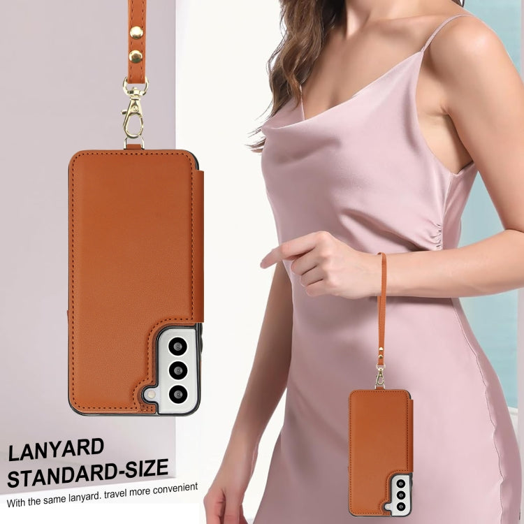 For Samsung Galaxy S22 5G Double Flap Zipper RFID Leather Phone Case with Short Lanyard