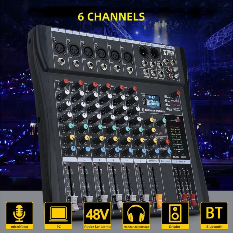 XTUGA CT60X 6-Channels Audio Mixer DJ Mixing Console with 48V Power Supply