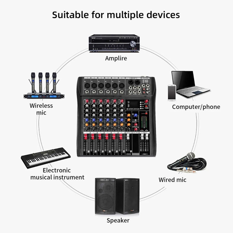 XTUGA CT60X 6-Channels Audio Mixer DJ Mixing Console with 48V Power Supply