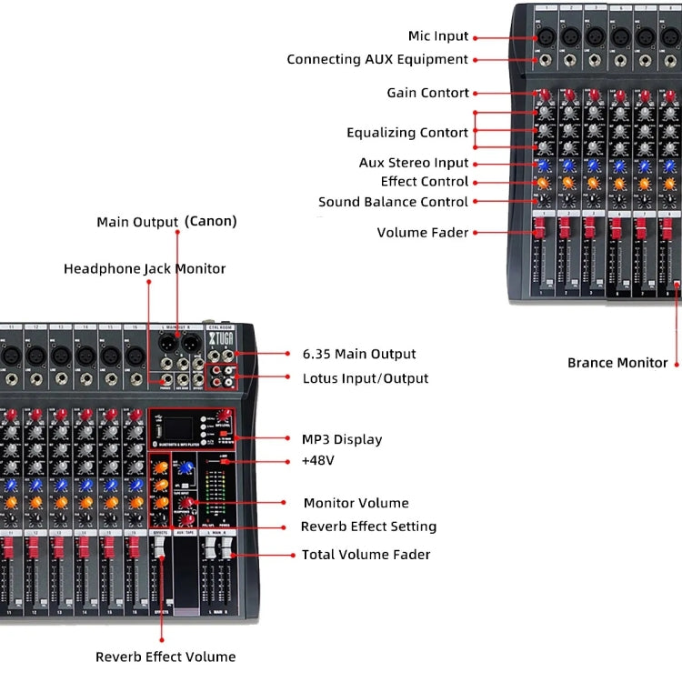 XTUGA CT60X 6-Channels Audio Mixer DJ Mixing Console with 48V Power Supply