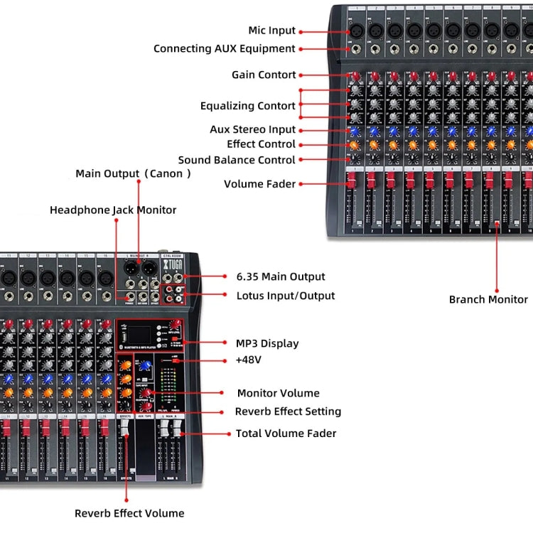 XTUGA CT160X 16-Channels Audio Mixer DJ Mixing Console with 48V Power Supply