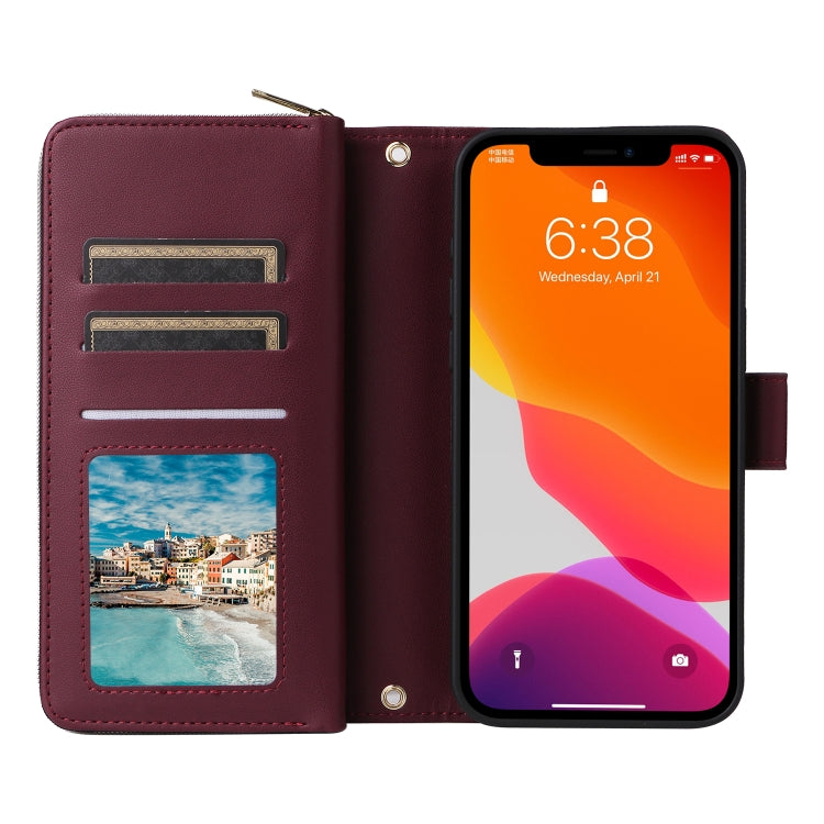 For iPhone 12 / 12 Pro Nine-card Slots Zipper Wallet Bag Leather Phone Case