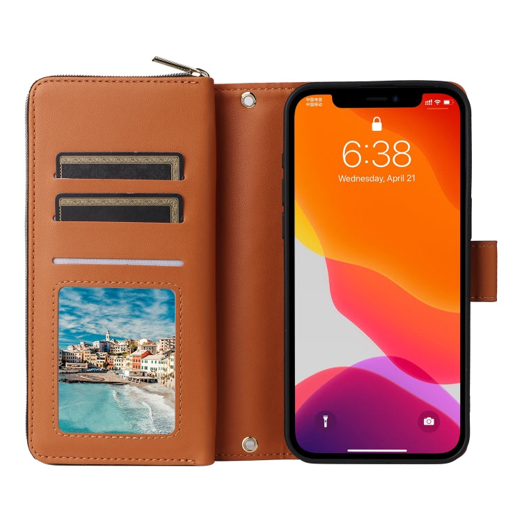 For iPhone 12 / 12 Pro Nine-card Slots Zipper Wallet Bag Leather Phone Case