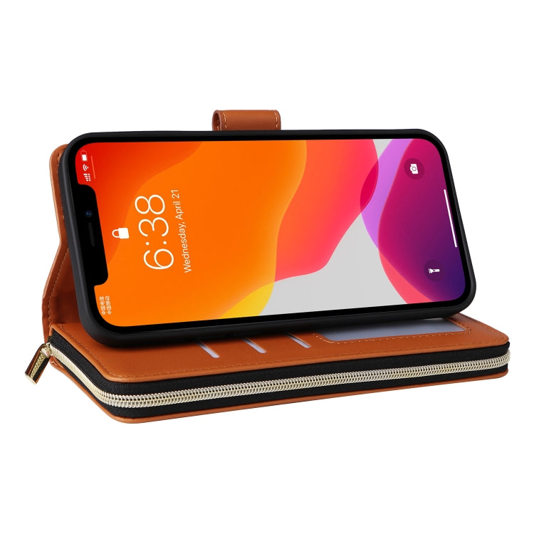 For iPhone 12 / 12 Pro Nine-card Slots Zipper Wallet Bag Leather Phone Case