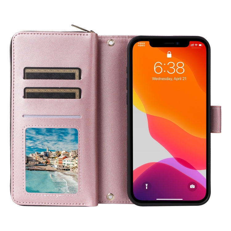 For iPhone 12 / 12 Pro Nine-card Slots Zipper Wallet Bag Leather Phone Case