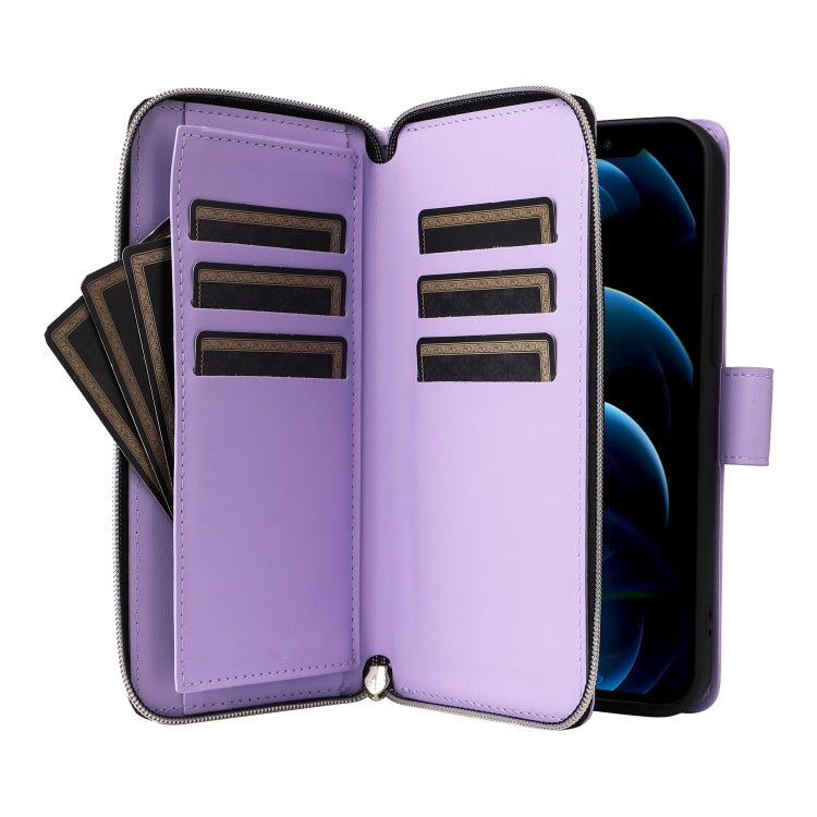 For iPhone 12 Pro Max Nine-card Slots Zipper Wallet Bag Leather Phone Case