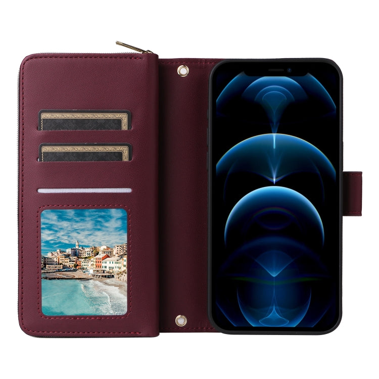 For iPhone 12 Pro Max Nine-card Slots Zipper Wallet Bag Leather Phone Case