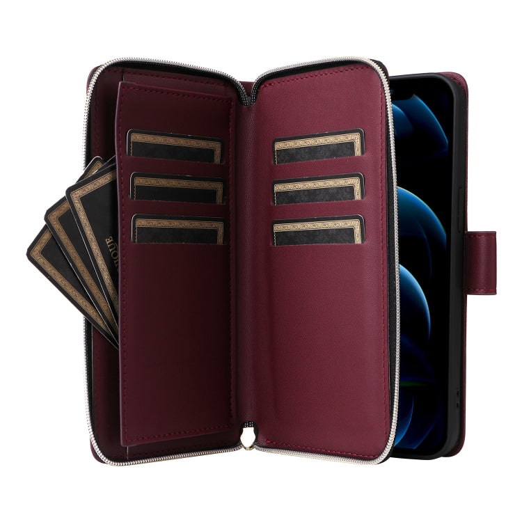 For iPhone 12 Pro Max Nine-card Slots Zipper Wallet Bag Leather Phone Case
