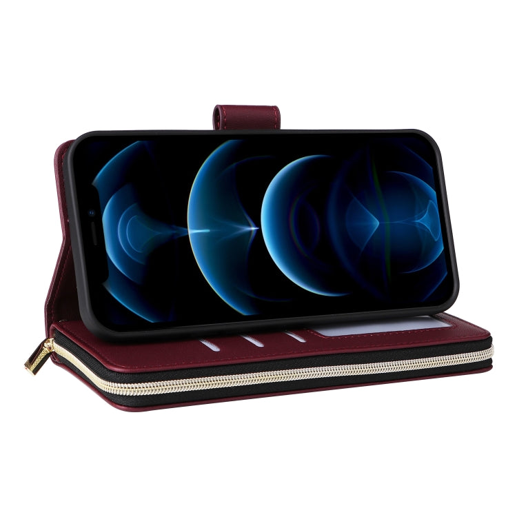 For iPhone 12 Pro Max Nine-card Slots Zipper Wallet Bag Leather Phone Case
