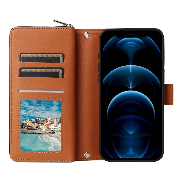 For iPhone 12 Pro Max Nine-card Slots Zipper Wallet Bag Leather Phone Case