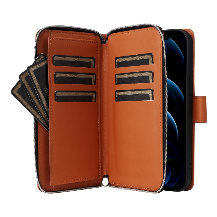 For iPhone 12 Pro Max Nine-card Slots Zipper Wallet Bag Leather Phone Case
