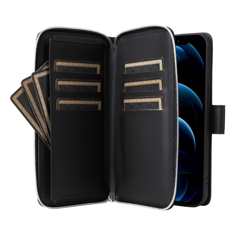 For iPhone 12 Pro Max Nine-card Slots Zipper Wallet Bag Leather Phone Case