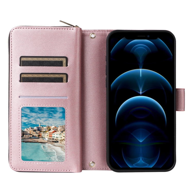 For iPhone 12 Pro Max Nine-card Slots Zipper Wallet Bag Leather Phone Case