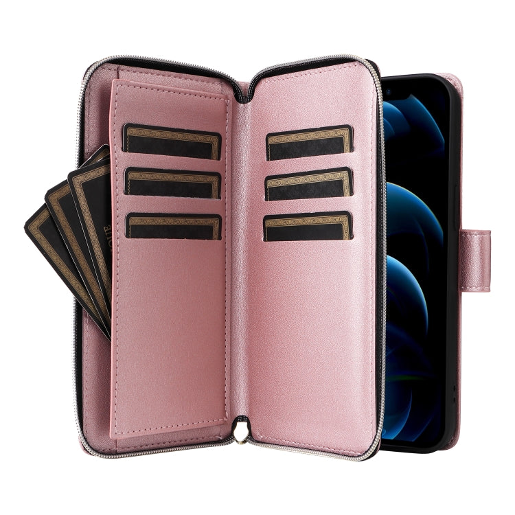 For iPhone 12 Pro Max Nine-card Slots Zipper Wallet Bag Leather Phone Case