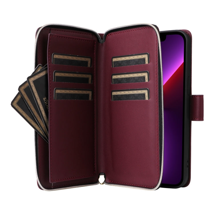 For iPhone 13 Pro Nine-card Slots Zipper Wallet Bag Leather Phone Case