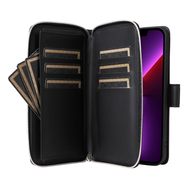 For iPhone 13 Pro Nine-card Slots Zipper Wallet Bag Leather Phone Case
