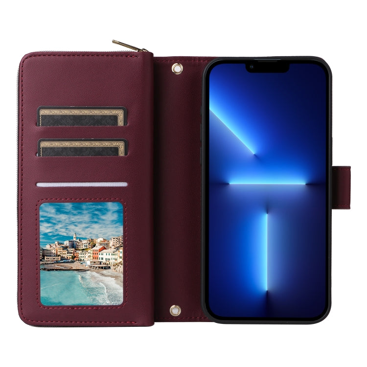 For iPhone 13 Pro Max Nine-card Slots Zipper Wallet Bag Leather Phone Case