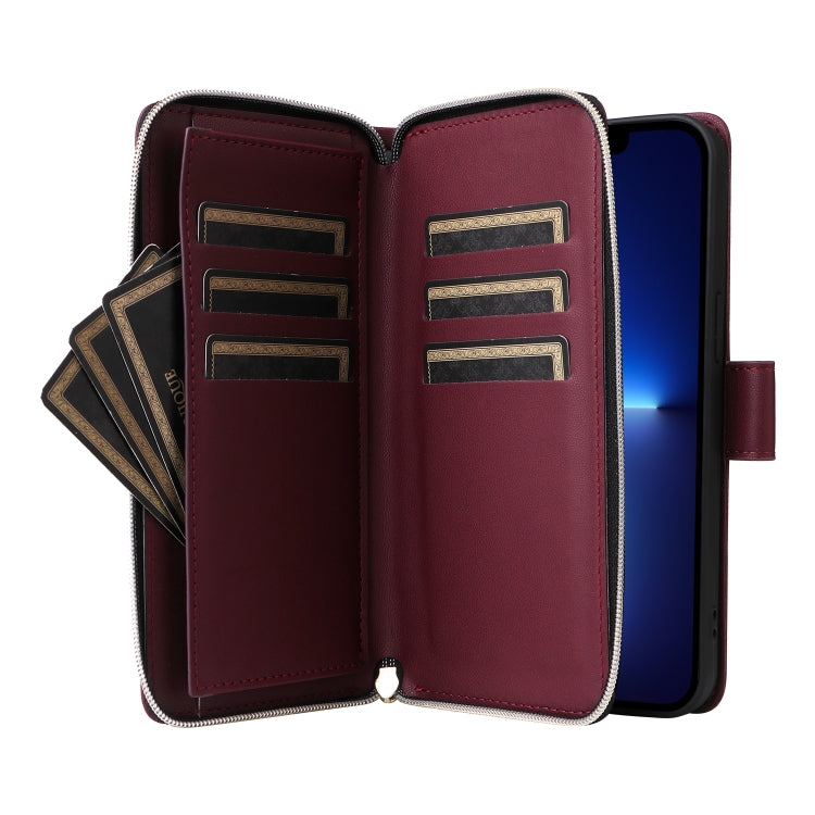 For iPhone 13 Pro Max Nine-card Slots Zipper Wallet Bag Leather Phone Case