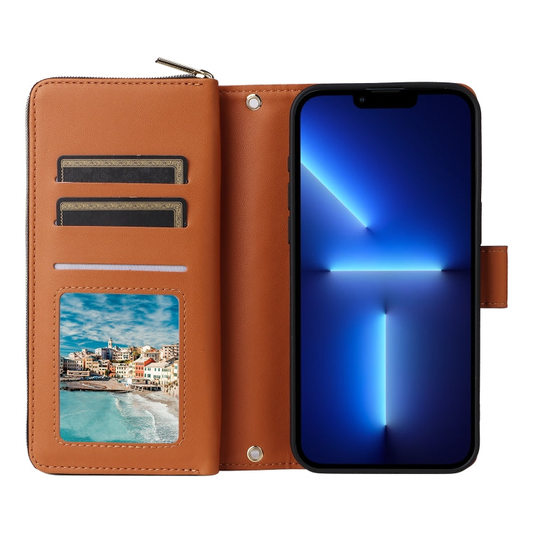For iPhone 13 Pro Max Nine-card Slots Zipper Wallet Bag Leather Phone Case