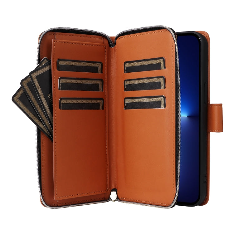 For iPhone 13 Pro Max Nine-card Slots Zipper Wallet Bag Leather Phone Case