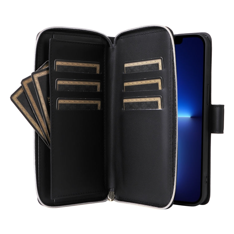 For iPhone 13 Pro Max Nine-card Slots Zipper Wallet Bag Leather Phone Case