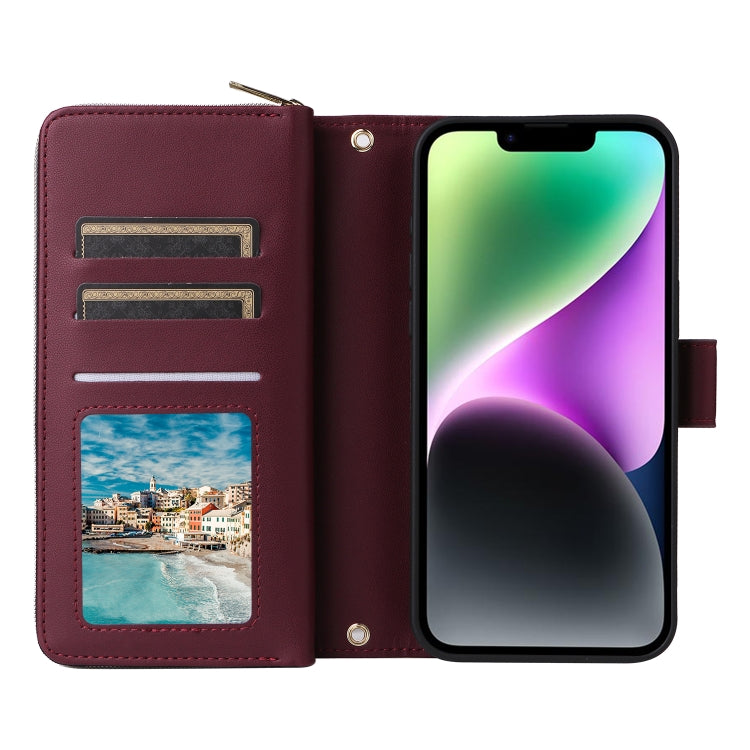 For iPhone 14 / 13 Nine-card Slots Zipper Wallet Bag Leather Phone Case