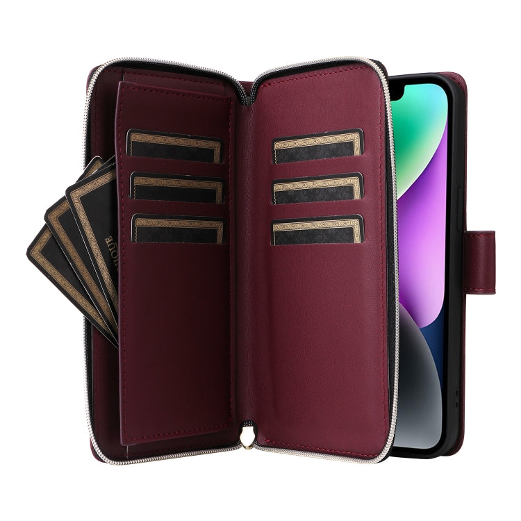 For iPhone 14 / 13 Nine-card Slots Zipper Wallet Bag Leather Phone Case