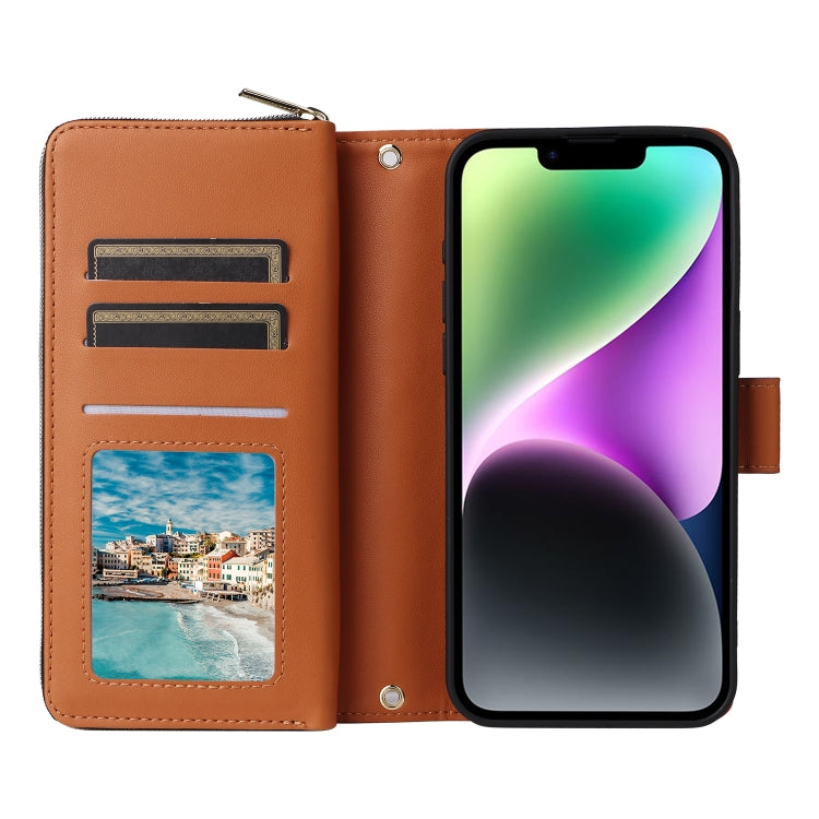 For iPhone 14 / 13 Nine-card Slots Zipper Wallet Bag Leather Phone Case