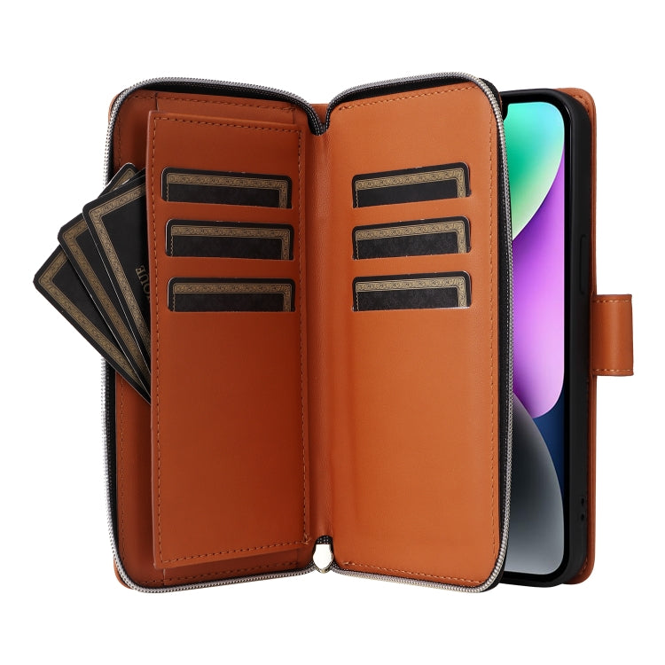 For iPhone 14 / 13 Nine-card Slots Zipper Wallet Bag Leather Phone Case