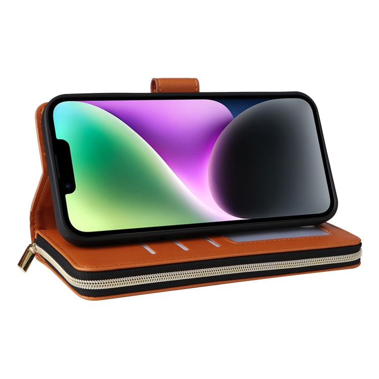 For iPhone 14 / 13 Nine-card Slots Zipper Wallet Bag Leather Phone Case