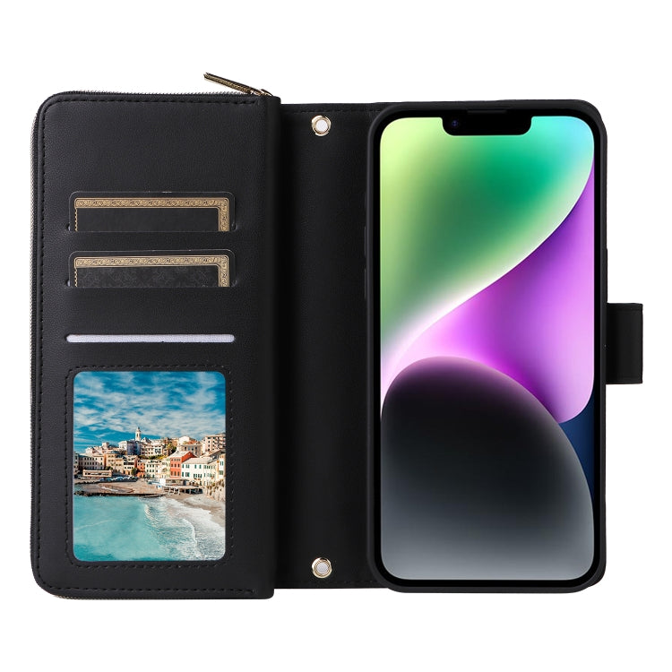 For iPhone 14 / 13 Nine-card Slots Zipper Wallet Bag Leather Phone Case