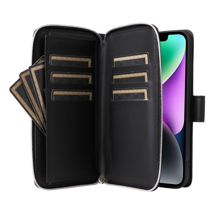 For iPhone 14 / 13 Nine-card Slots Zipper Wallet Bag Leather Phone Case