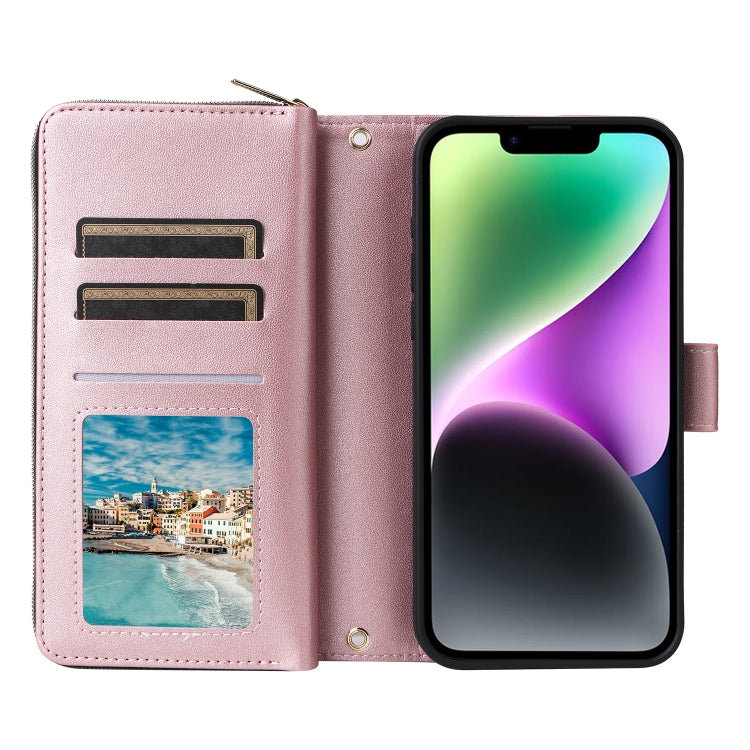 For iPhone 14 / 13 Nine-card Slots Zipper Wallet Bag Leather Phone Case