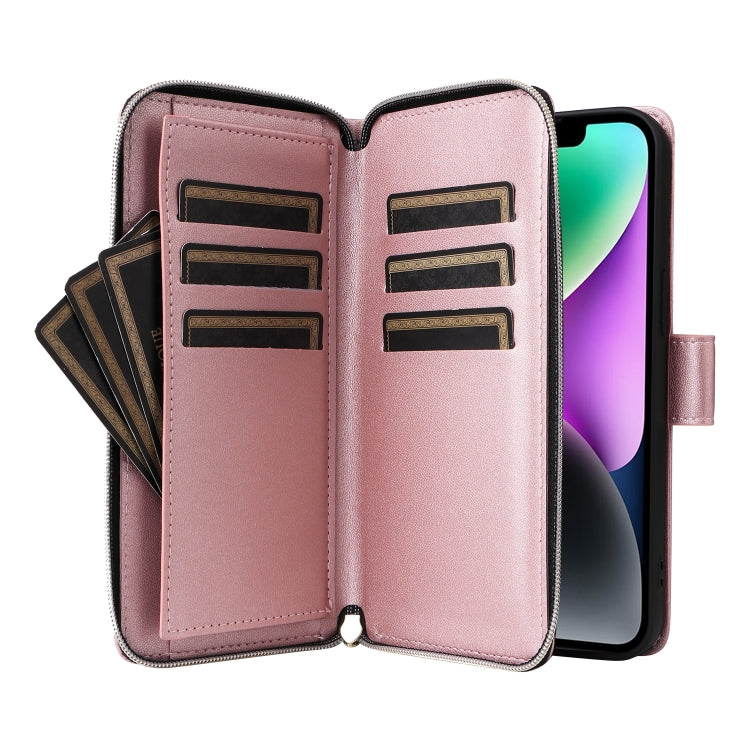 For iPhone 14 / 13 Nine-card Slots Zipper Wallet Bag Leather Phone Case