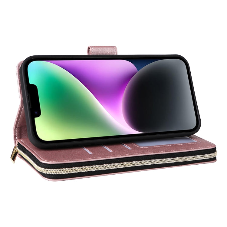 For iPhone 14 / 13 Nine-card Slots Zipper Wallet Bag Leather Phone Case