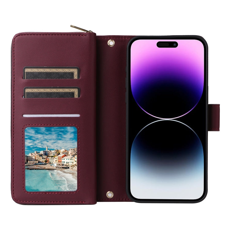 For iPhone 14 Pro Max Nine-card Slots Zipper Wallet Bag Leather Phone Case