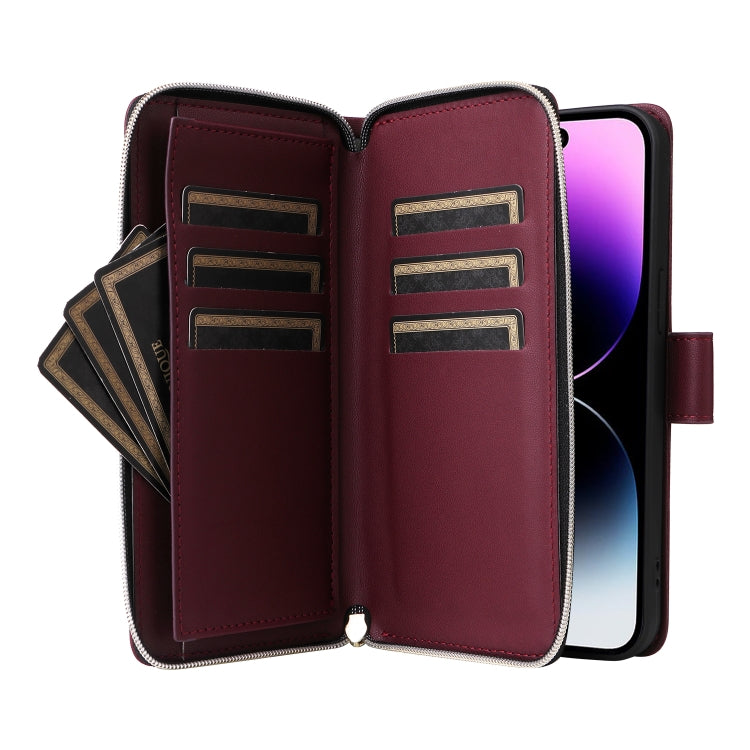 For iPhone 14 Pro Max Nine-card Slots Zipper Wallet Bag Leather Phone Case
