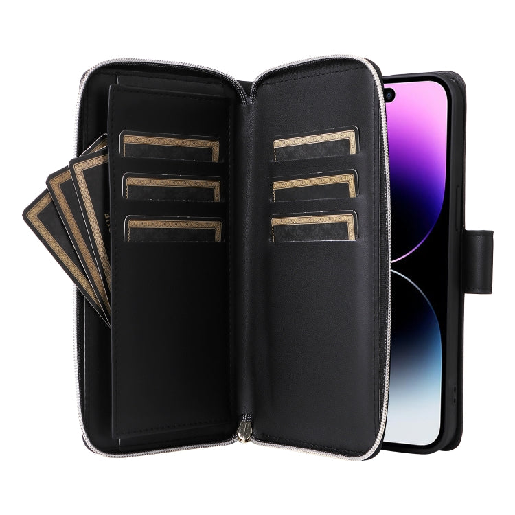 For iPhone 14 Pro Max Nine-card Slots Zipper Wallet Bag Leather Phone Case