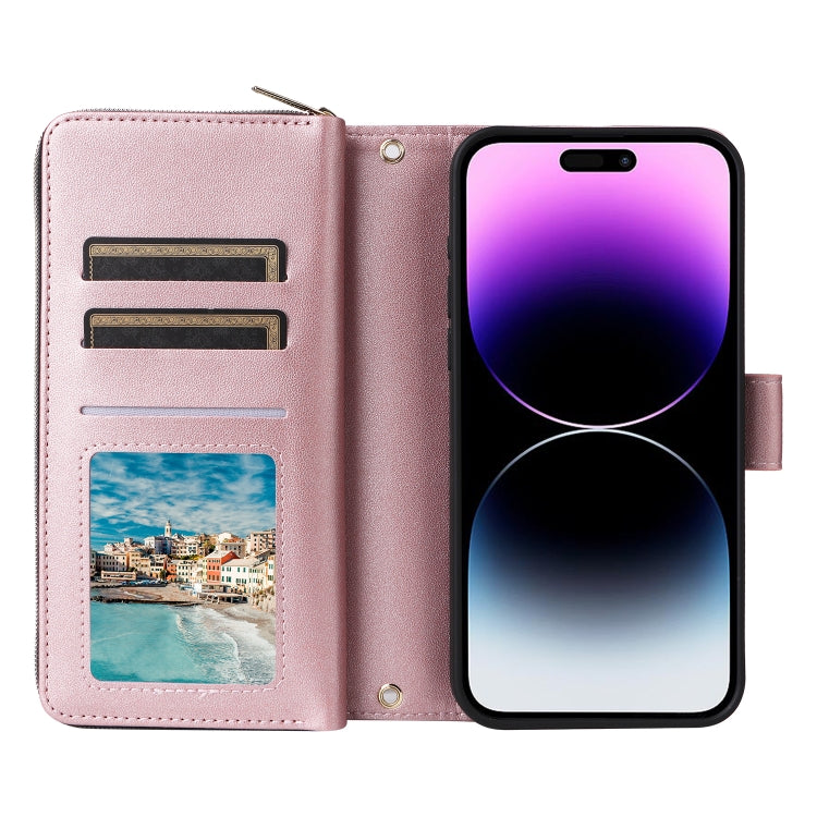 For iPhone 14 Pro Max Nine-card Slots Zipper Wallet Bag Leather Phone Case
