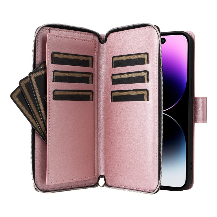 For iPhone 14 Pro Max Nine-card Slots Zipper Wallet Bag Leather Phone Case