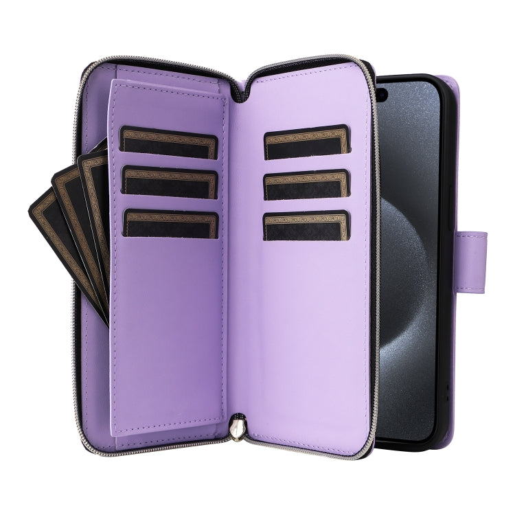 For iPhone 15 Pro Nine-card Slots Zipper Wallet Bag Leather Phone Case