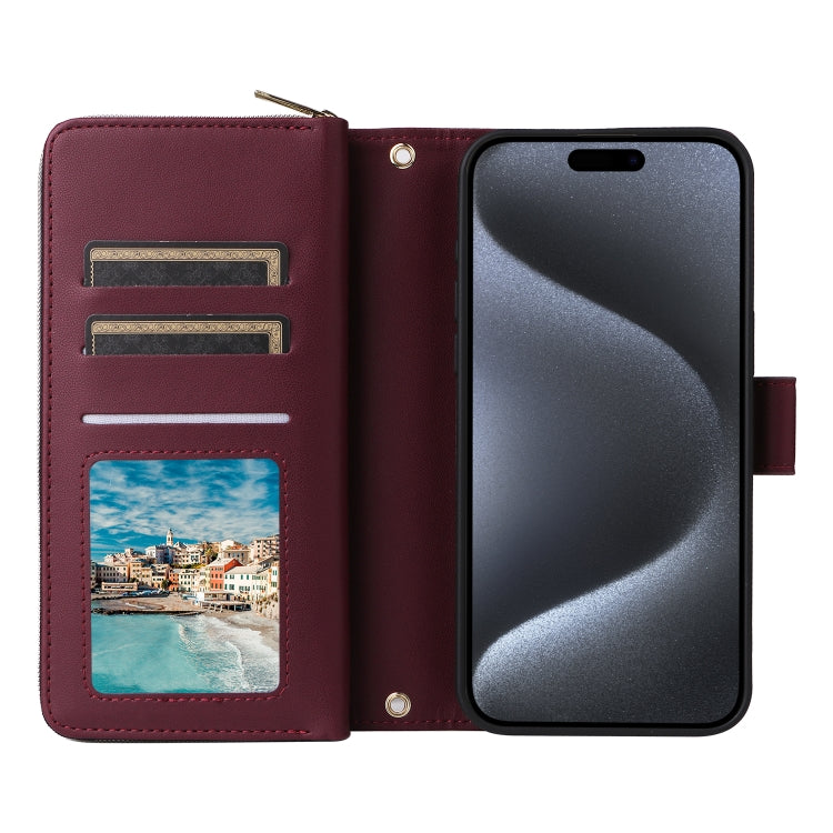 For iPhone 15 Pro Nine-card Slots Zipper Wallet Bag Leather Phone Case