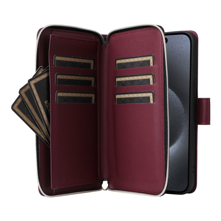 For iPhone 15 Pro Nine-card Slots Zipper Wallet Bag Leather Phone Case