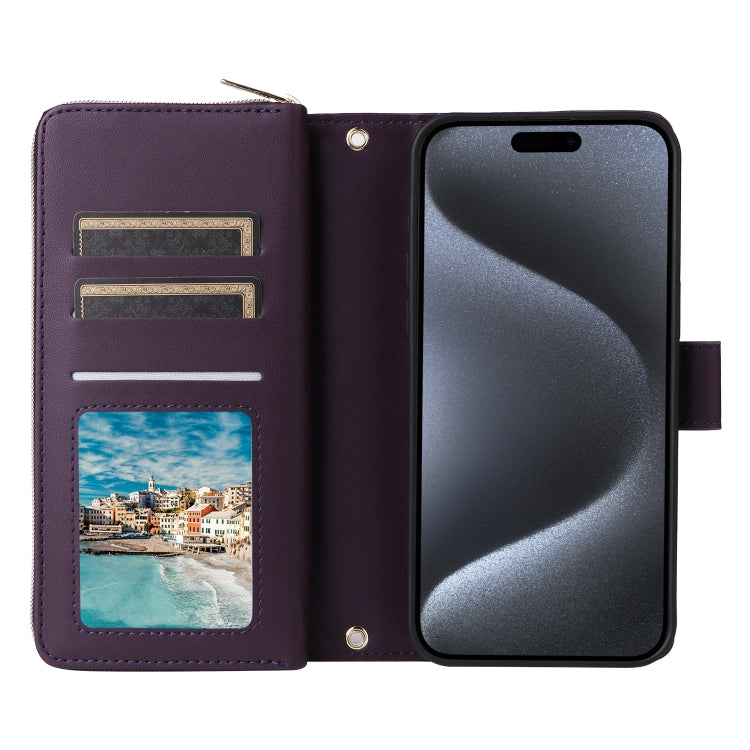 For iPhone 15 Pro Nine-card Slots Zipper Wallet Bag Leather Phone Case