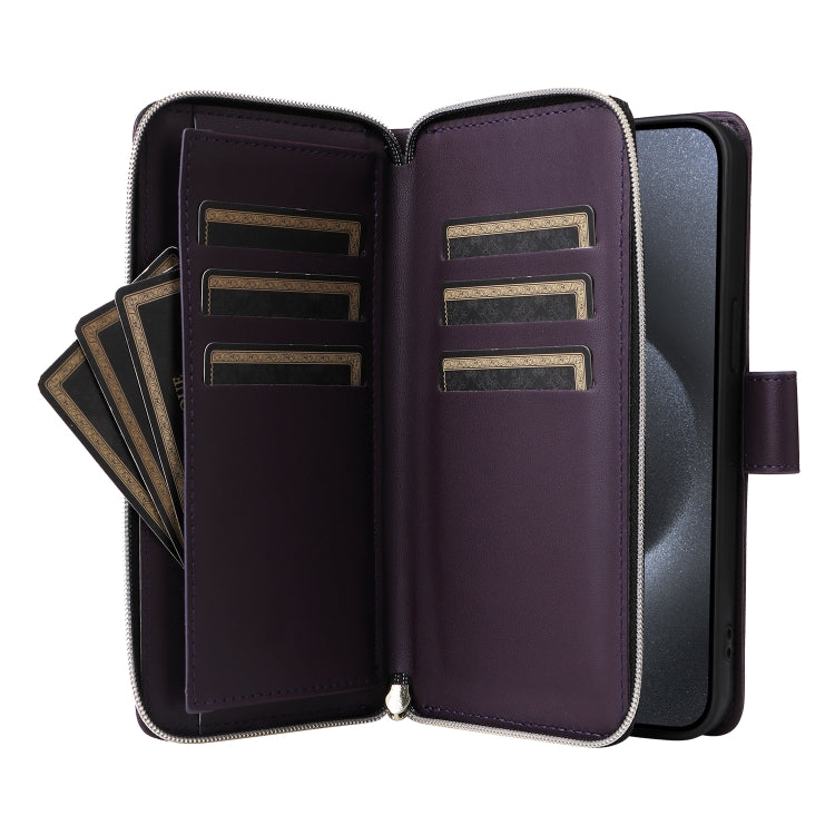 For iPhone 15 Pro Nine-card Slots Zipper Wallet Bag Leather Phone Case