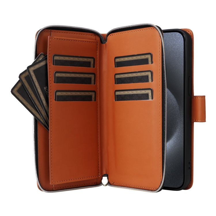For iPhone 15 Pro Nine-card Slots Zipper Wallet Bag Leather Phone Case