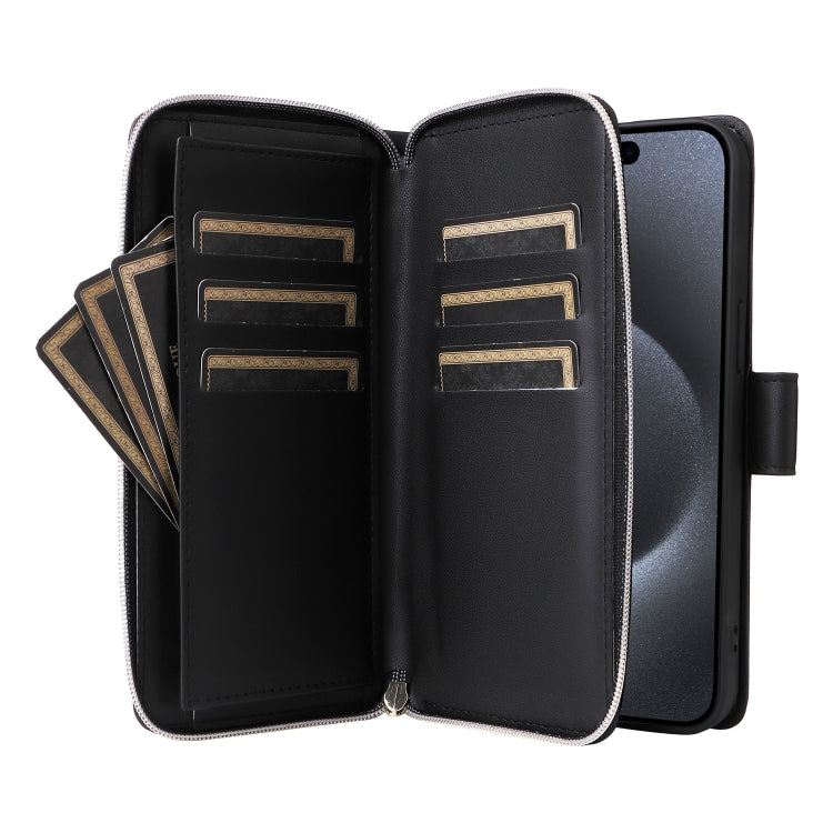 For iPhone 15 Pro Nine-card Slots Zipper Wallet Bag Leather Phone Case