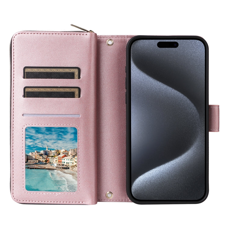 For iPhone 15 Pro Max Nine-card Slots Zipper Wallet Bag Leather Phone Case