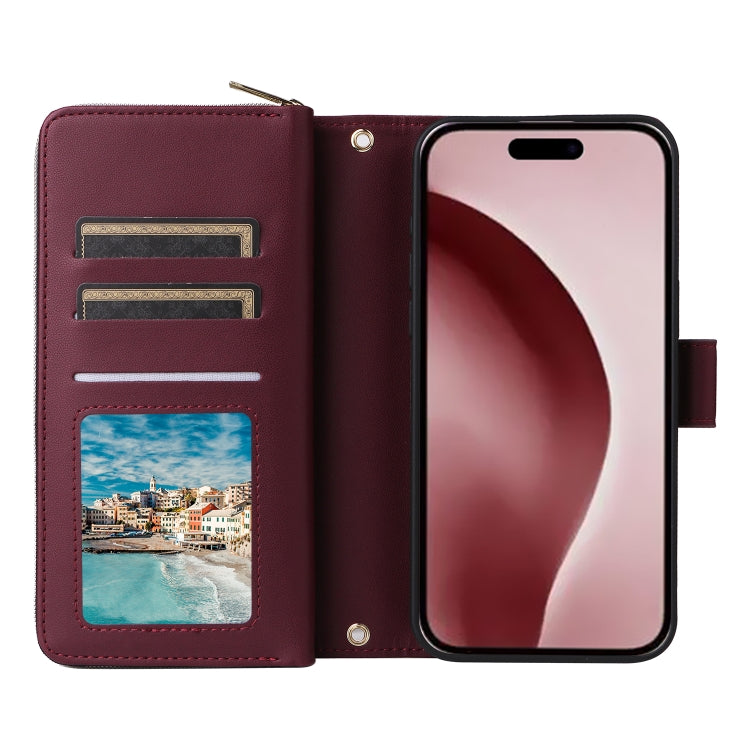 For iPhone 16 Pro Nine-card Slots Zipper Wallet Bag Leather Phone Case